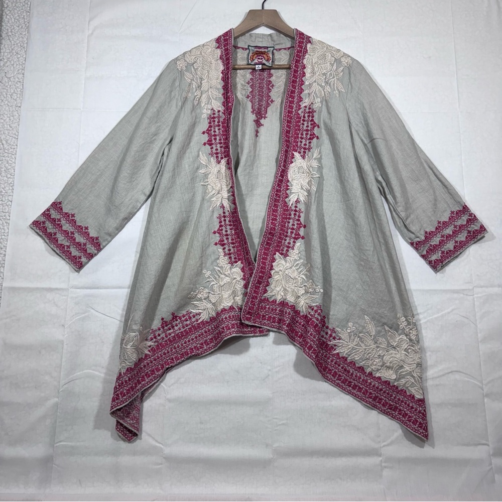 Johnny Was Camille Draped Cardigan Embroidered Natural Linen Gray Pink Size M - Picture 2 of 6